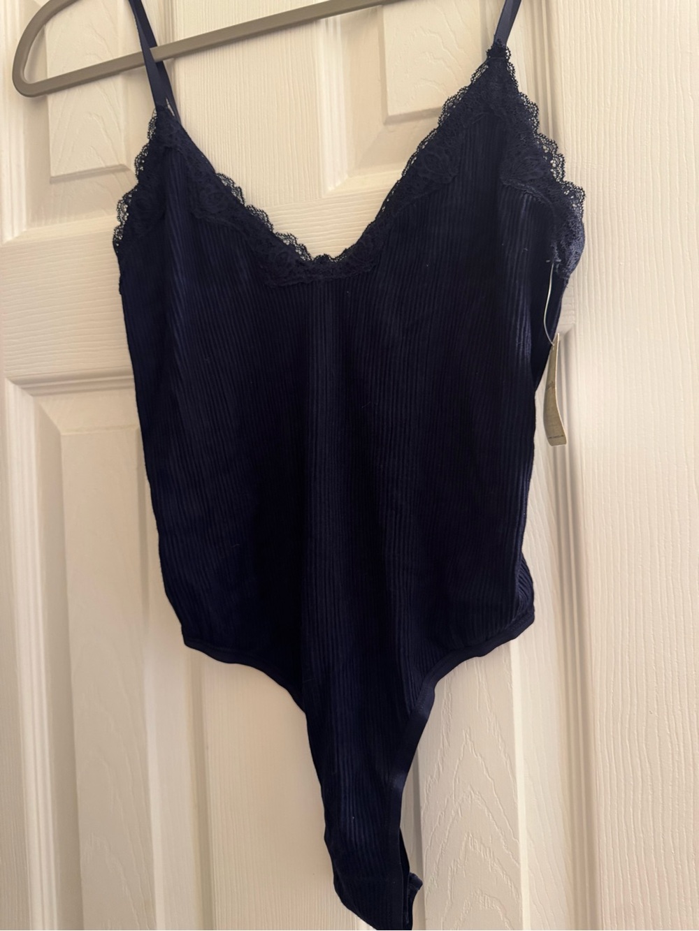 Free people Lace-Trim Navy Ribbed Cami Bodysuit